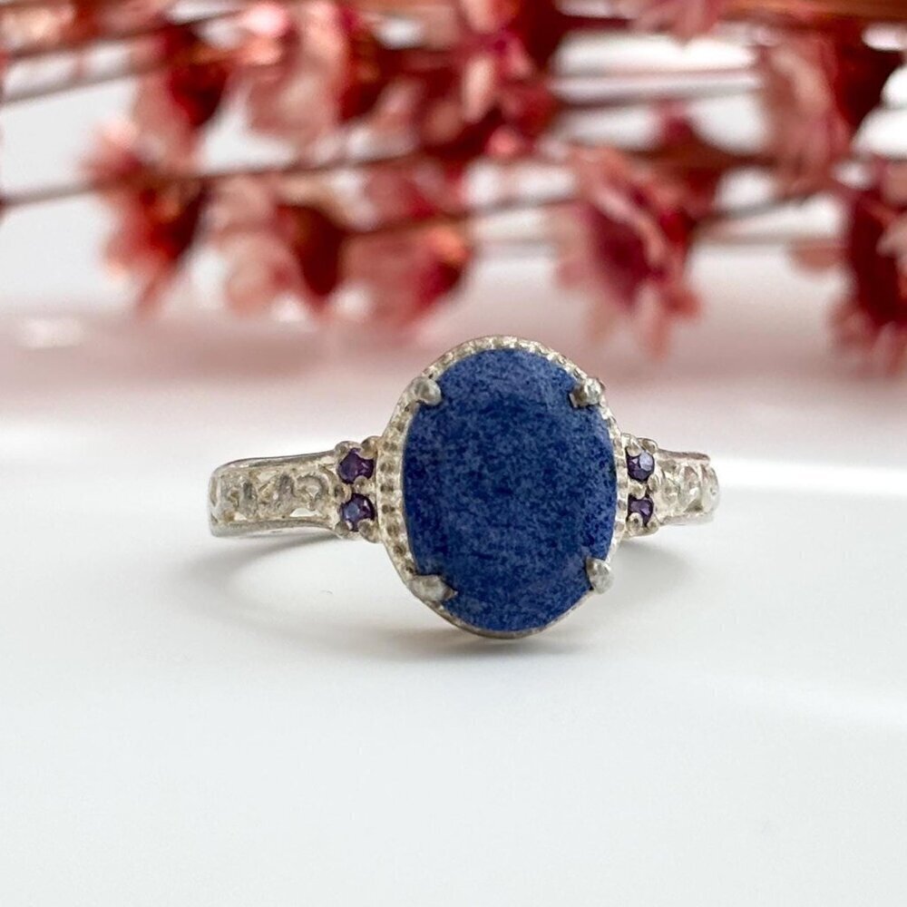 Lapis Lazuli Oval Cut Ornate Cutout Sterling Silver Vintage Ring - sz 4.75